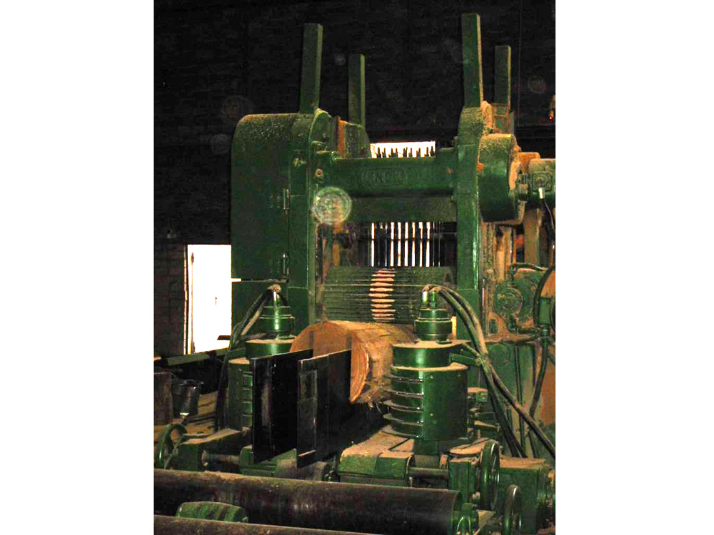 Im Sägewerk werden Baumstämme der Länge nach in Bretter zersägt.